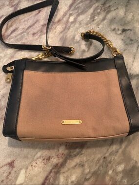 Rebecca Minkoff Beige Canvas Crossbody with Black Leather Trim